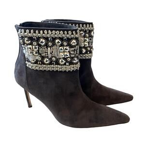 Manolo Blahnik 10.5 Beaded Suede CRYSTAL Ankle Boots Stiletto Heels Dark Gray